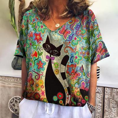 Nova Camiseta Feminina Estampa de Gato de Desenho Animado Top Tamanho Plus Verão Roupas de Tendência Feminina Moda Camiseta de Manga Curta Decote V Harajuku