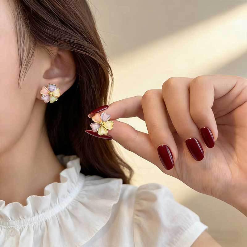 925 Silver Colorful Petal Stud Earrings - Spring/Summer Fresh Flower Design, Light Luxury Fairy Style, High-End Temperament Accessory