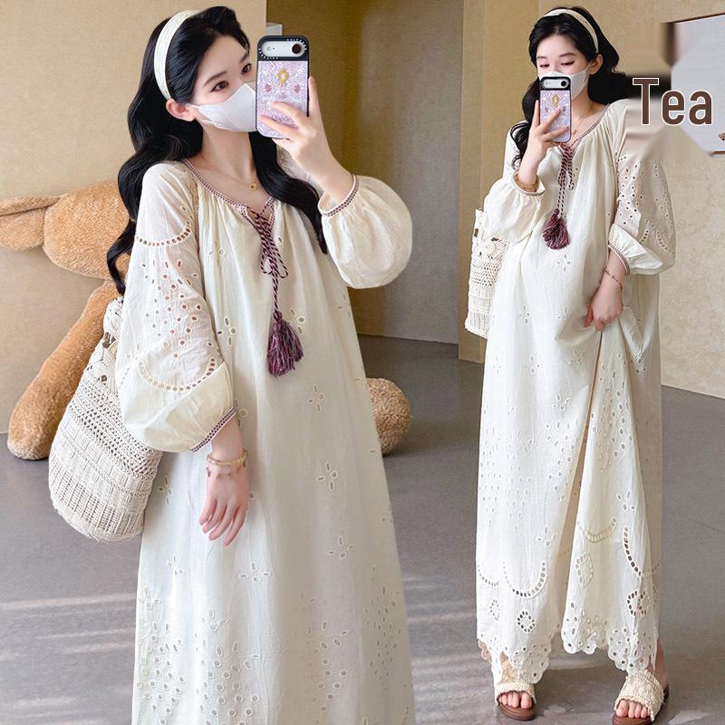 French Maternity Loose Long Sleeve Cotton Dress with Jacquard Embroidery M