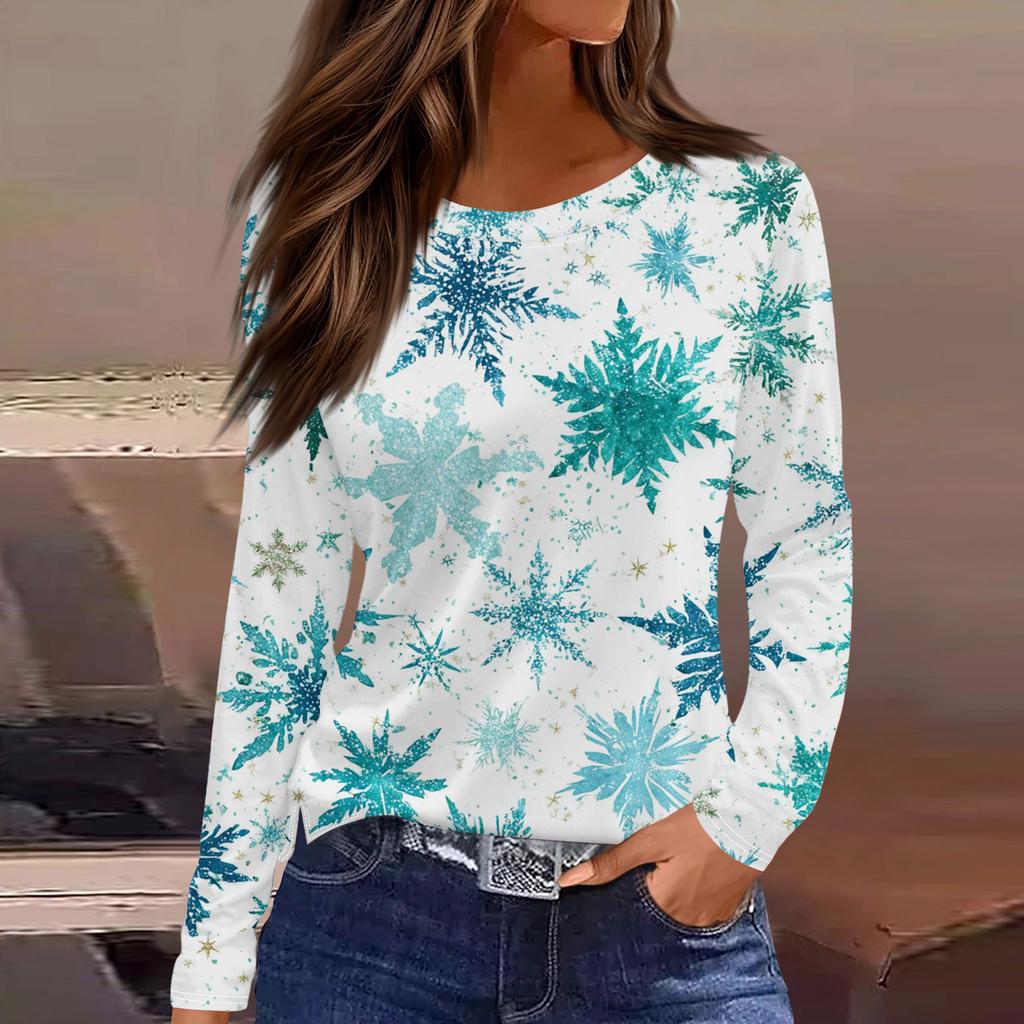 Women's Fashion Casual Slit Hem Round Neck Long Sleeve Loose Christmas Printed T-Shirt Ladies Top