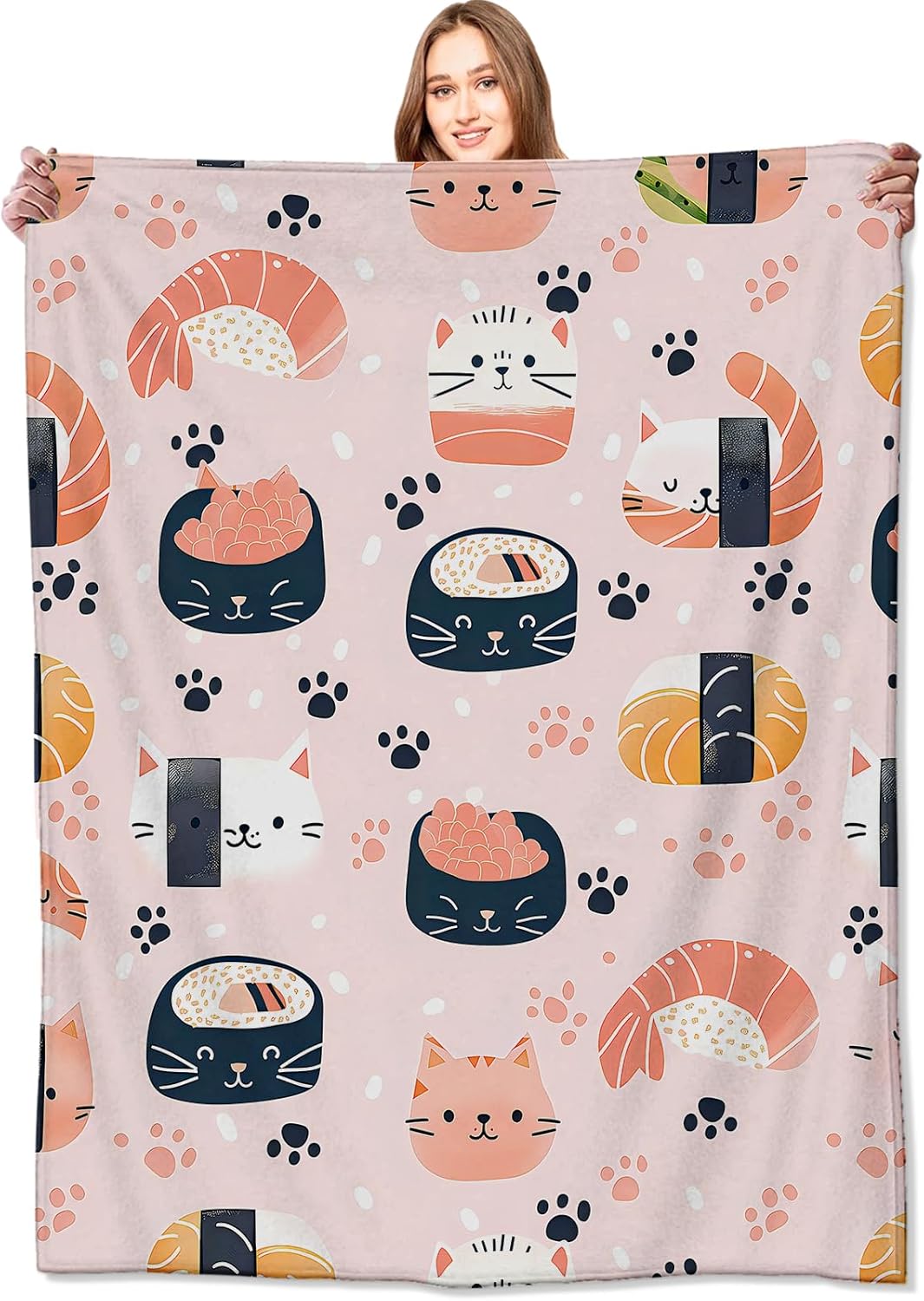 

VODRM Sushi Cat Blanket Cute Kawaii Pink Throw Soft Fleece for Couch Bed Birthday Gifts for Kids Adults Foodie Lovers xin 100x150cm