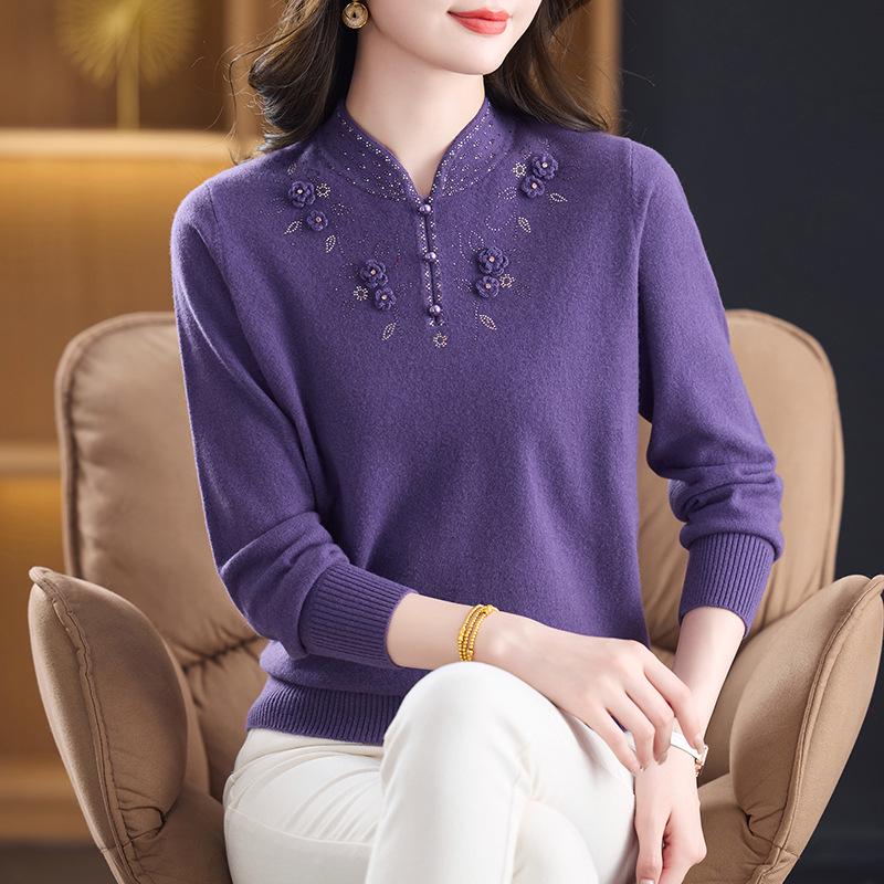 Stylish Qipao Collar 100% Wool Sweater for Middle-Aged & Elderly Women - Warm Winter Knitwear