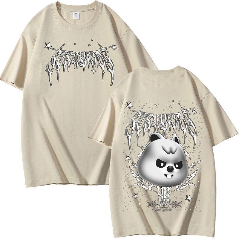 Stray Kids Evil Skzoo Комбинация Периферийная Печать Летняя Футболка с Коротким Рукавом Чистый Хлопок Свободная S хаки