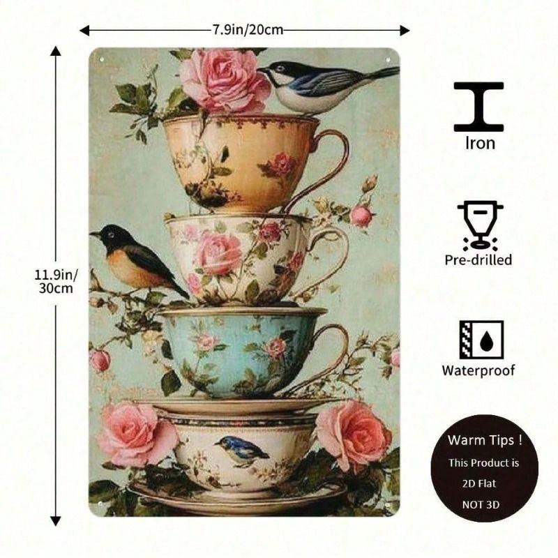 Metal Wall Art Poster, Hummingbird & Flowers, Rustic Decor for Kitchen Living Room Gift