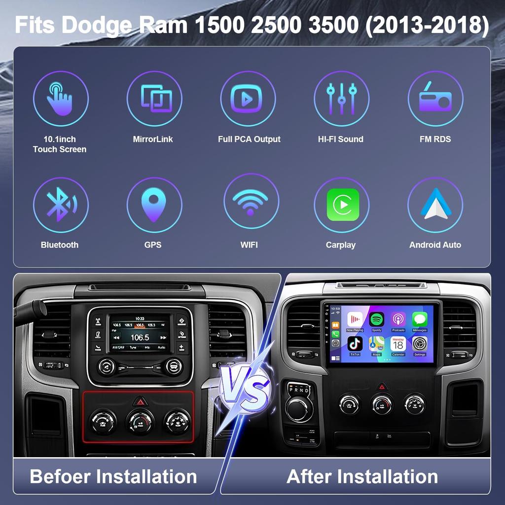 Car Stereo Radio for Dodge Ram 1500 2500 3500 2013-2019, Touchscreen, CarPlay, Android Auto, GPS, Backup Camera, Android 13