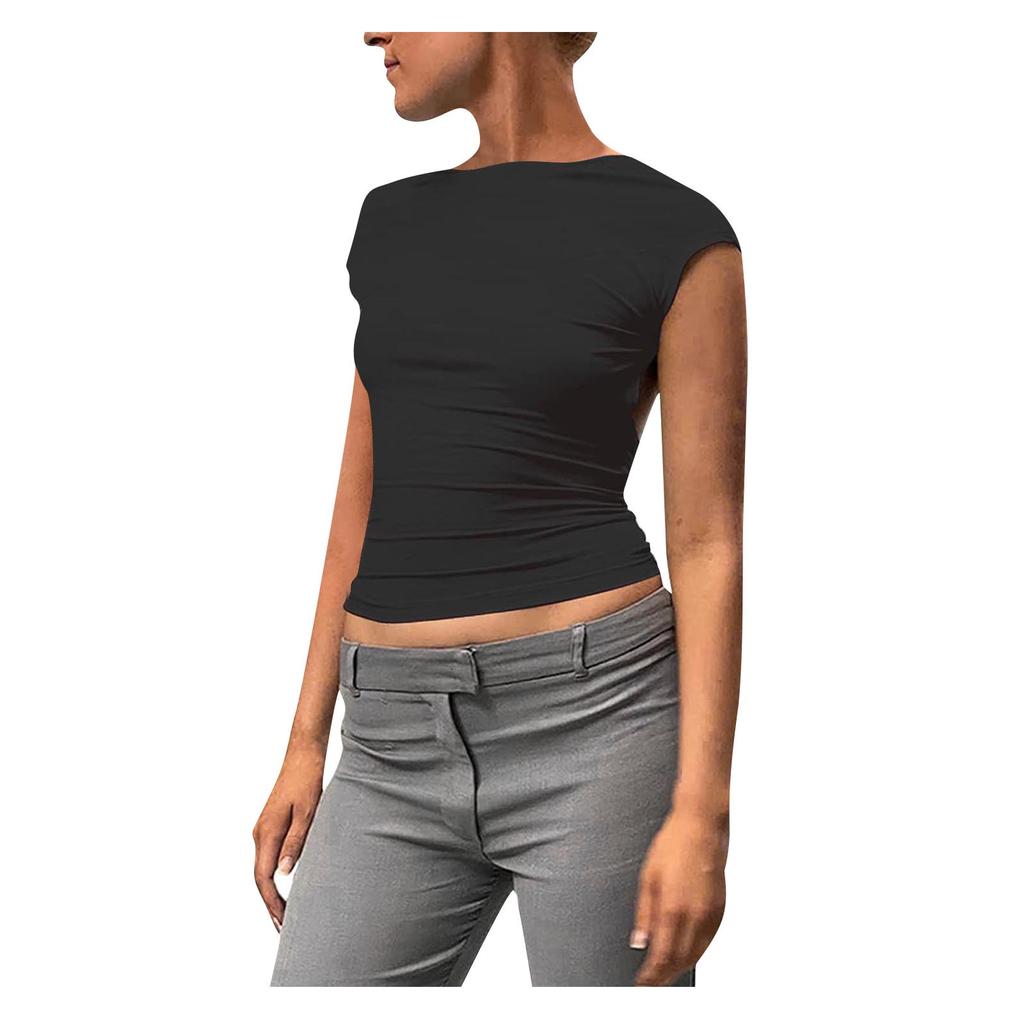Women's Sexy Open Back Short Sleeve Slim Round Neck Casual Open Navel T-shirt