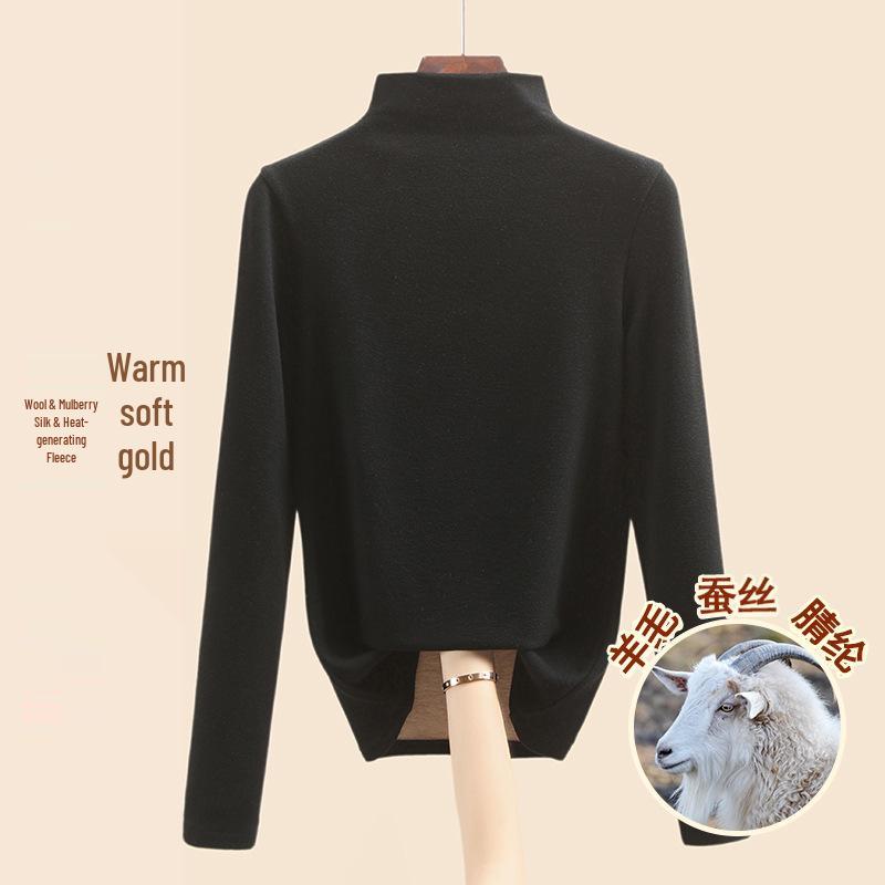 Women's Mulberry Silk Wool Fleece-Lined Warm Base Layer, Mid-High Neck, Autumn/Winter 2025 Collection