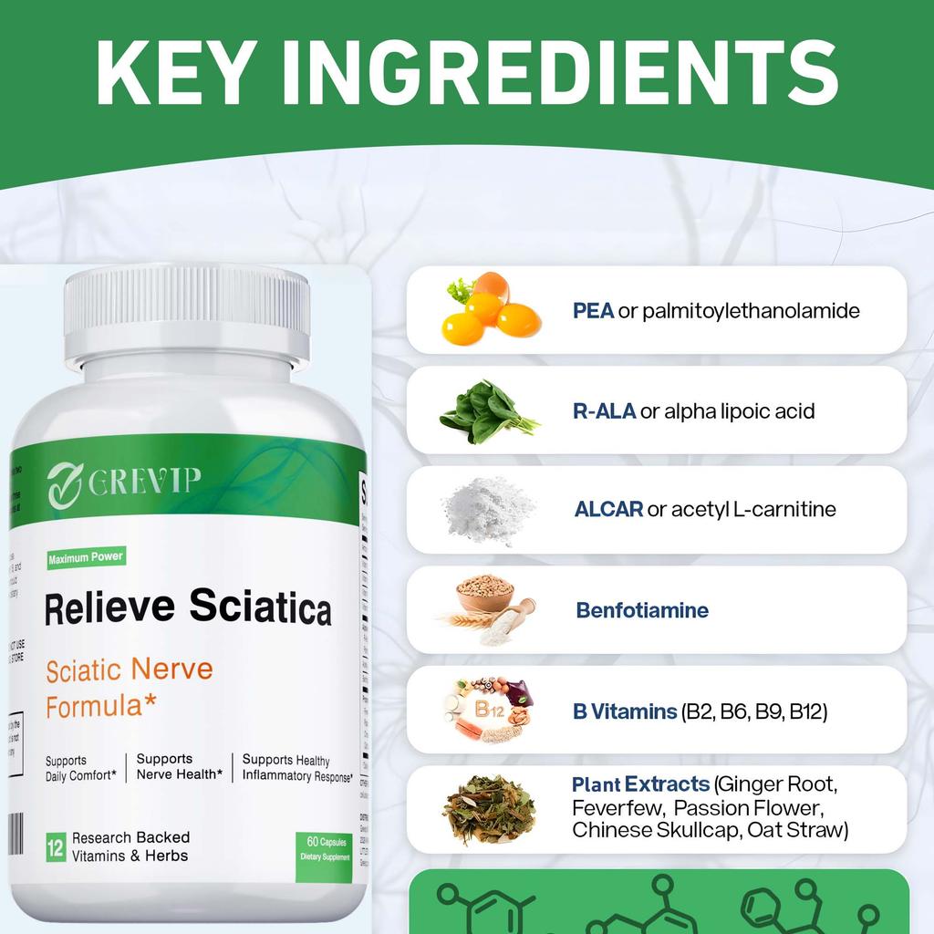 GREVIP Vitamin B Complex, containing alpha-lipoic acid extract, is suitable for adults and is designed to treat sciatic nerve discomfort.