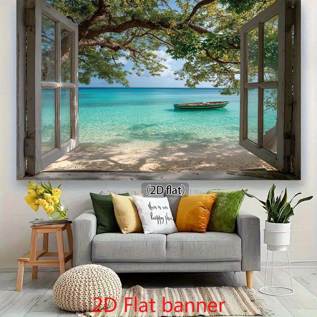 1 Piece of 2D Flat Banner - Tropical Beach Window Banner - Vintage Style Decoration Featuring Serene Sea Scenes
