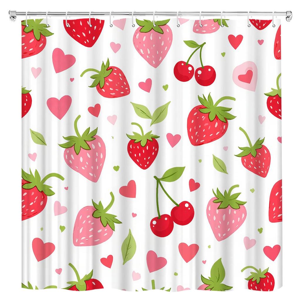 Kawaii Strawberry Shower Curtain For Bathroom Decor, Cute Pink Fruit Shower Curtain Waterproof Fabric Bath Curtain With Hooks