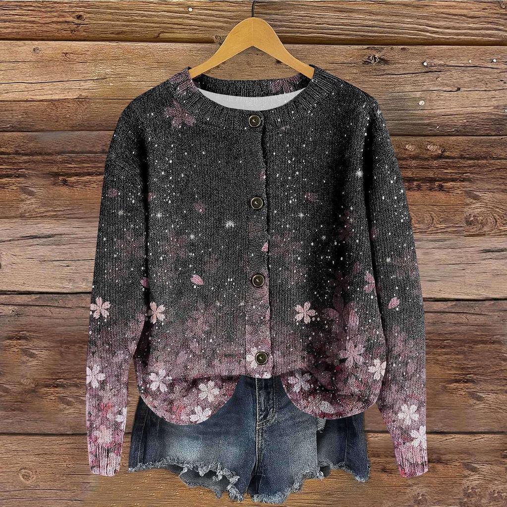 Women's Vintage Knit Button Vintage Floral Stripe Print Cardigan Jacket