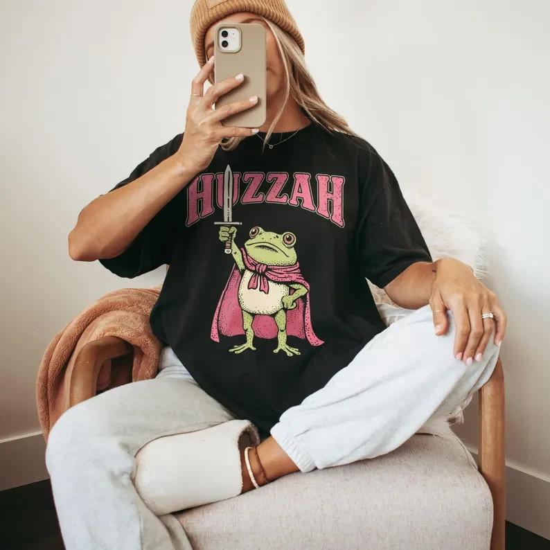 Frog Meme Shirt Meme Huzzah Frog With Sword Graphic Tee Ren Faire Shirt Funny Unisex T-Shirt L