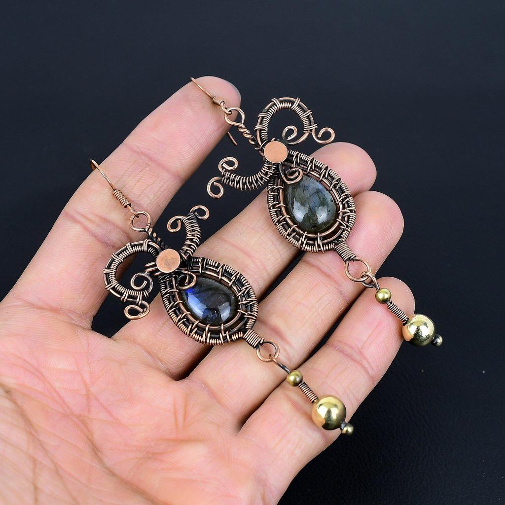 Labradorite 999 Copper Wire Wrapped Earrings, Handmade Gemstone Jewelry Earrings For Memorial Day