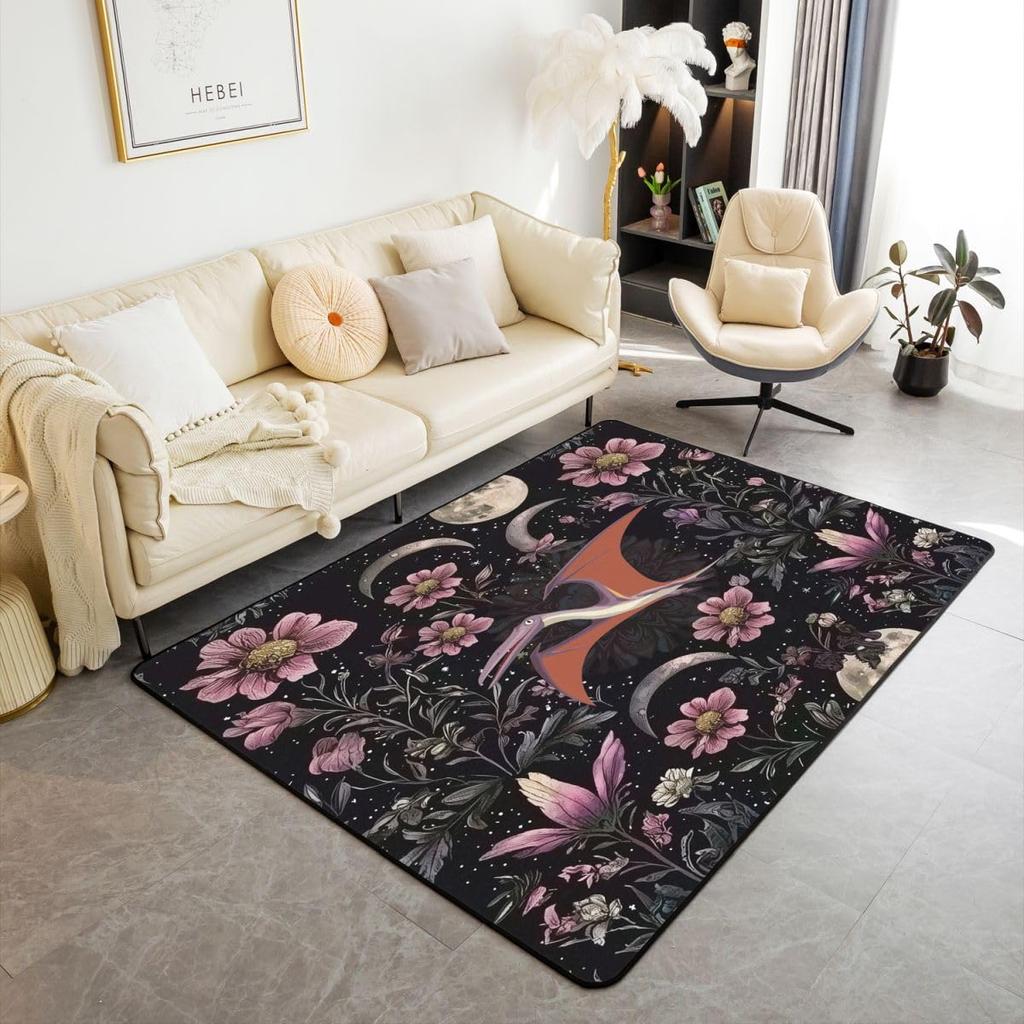 Cute Black Bat Large Area Rug 5x7, Floral Plant Leaves Living Room Rug, Starry Sky Moon Galaxy Rugs for Bedroom Boho Exotic European Style C