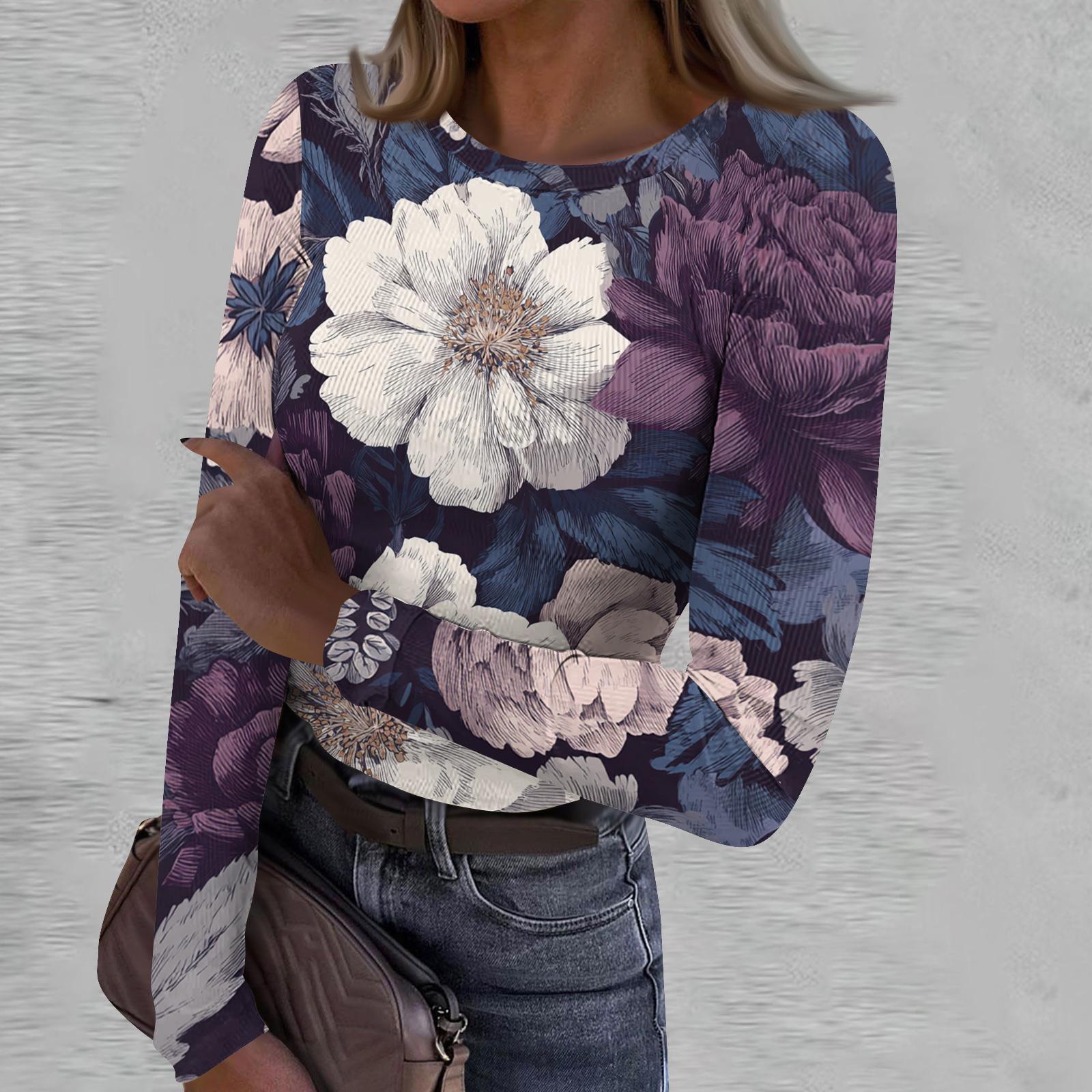 Women s Casual Fashion Round Neck Retro Print Long Sleeve Ribbed Top L
