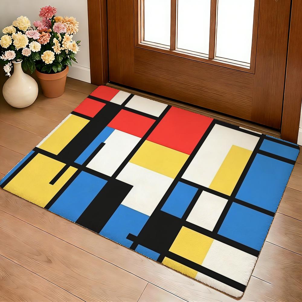 Tappetino Geometrico Astratto Stampa Mondrian Morbido Spesso Antiscivolo in Flanella Calda per Soggiorno Camera da Letto Cucina Tappeti Decorativi