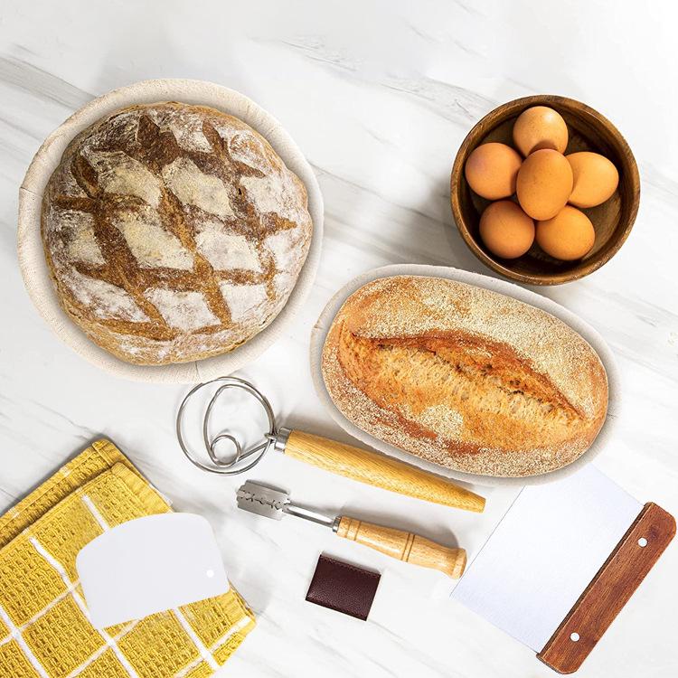 Fermentation Basket Set: Rattan Bread Basket, Scraper, Mixer & Oval Baking Tool. European Style for Artisan Bread.