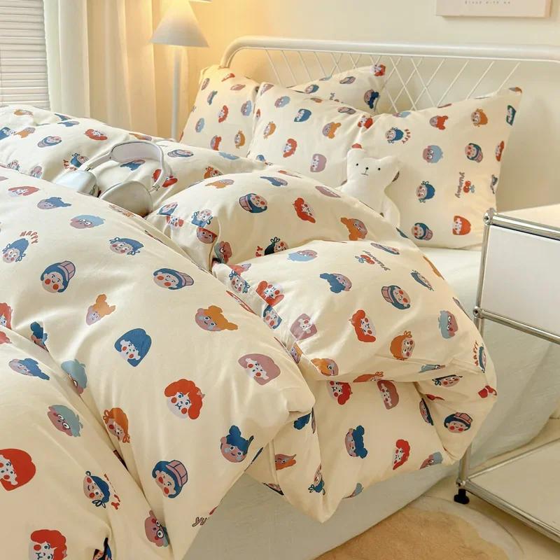 Queen Bedding Set Reactive Printed Bed Sheet Sets Washed Polyester Soft Duvet Cover Bed Sheet Pillowcase Cartoon Bedding Bed Set