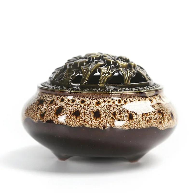 Ice Crack Coil Incense Burner with Fire Cotton Pad 4 Hours Ceramics Incense Cone Censers for Home Decor Ornaments Simple Ashtray 7