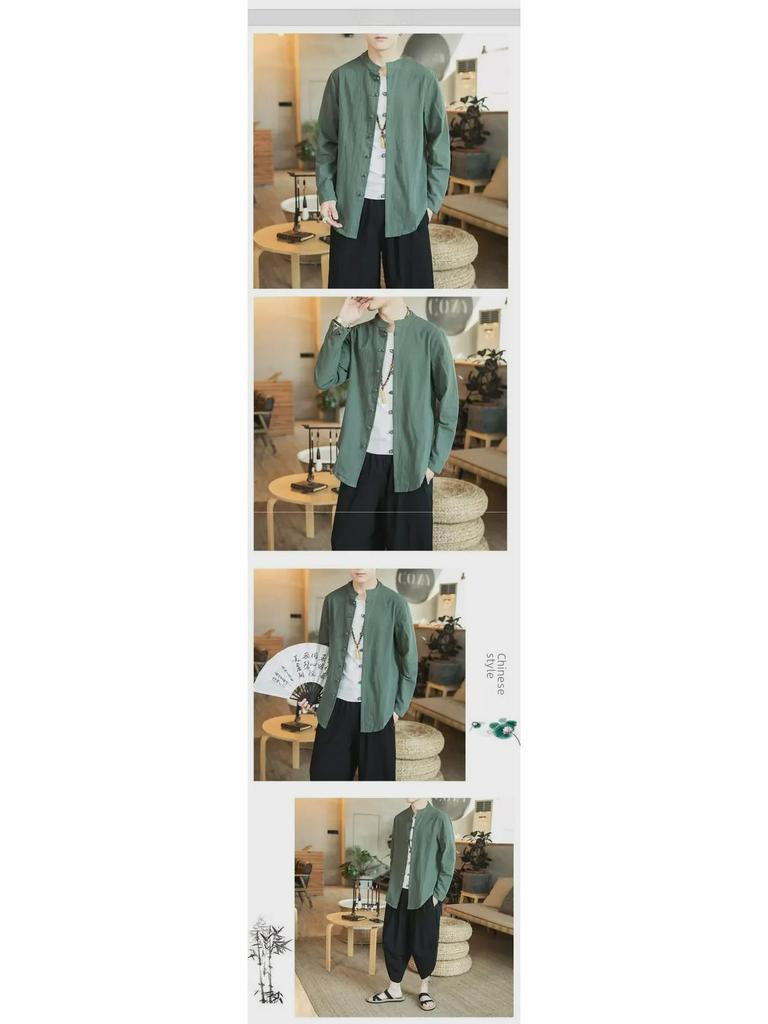 Men’s Chinese Style Long-Sleeve Linen Tang Suit Shirt and Jacket