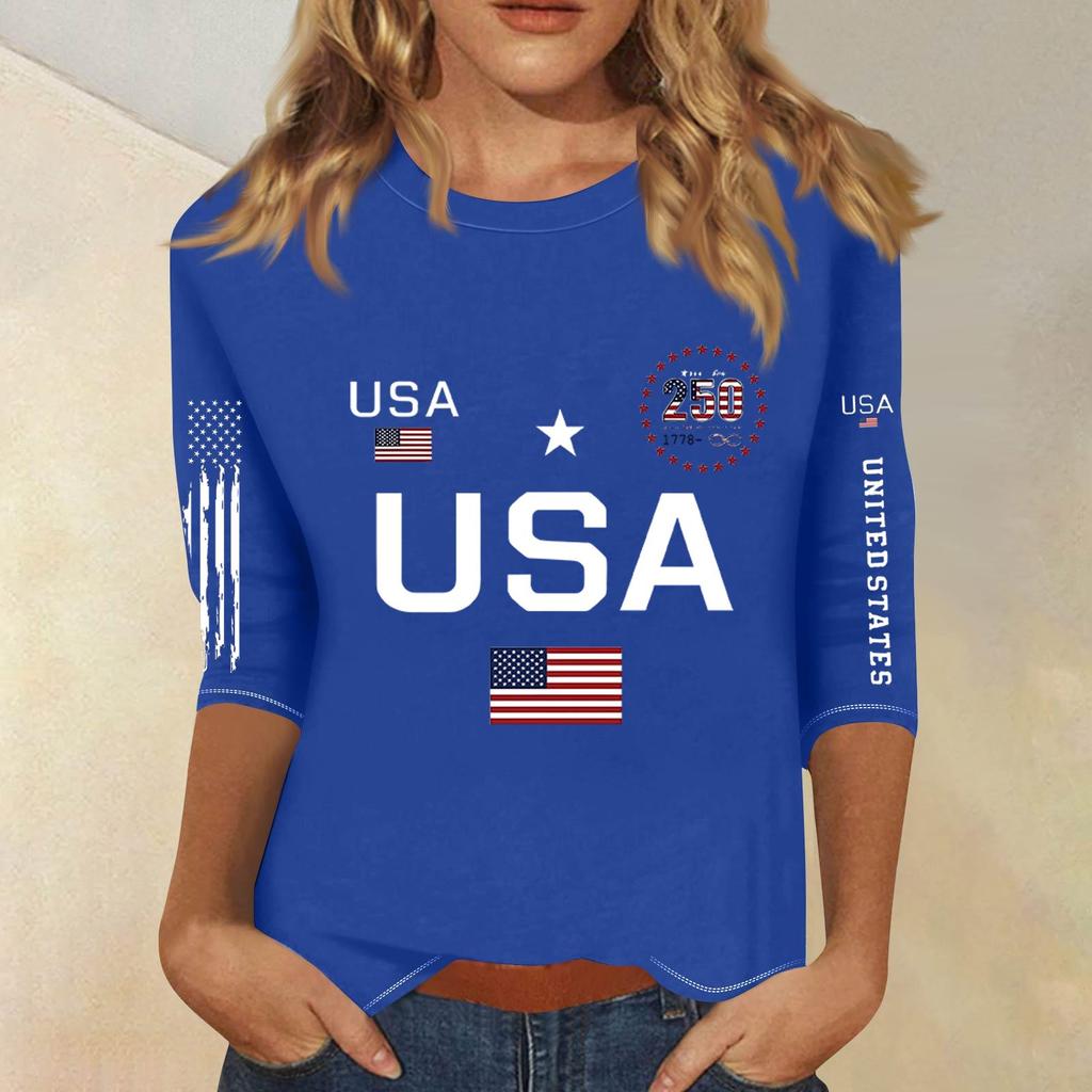 3/4 Sleeve Tops For Women T-Shirt Casual  Print Tops T Shirt Round Neck Pullover Blouse