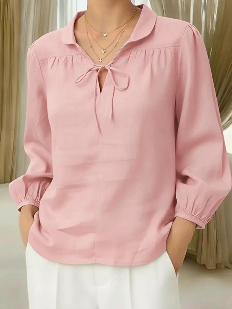 Spring/Summer 2026 Women's Lace Peter Pan Collar Tie-up Top with Lantern Sleeves and Loose Fit