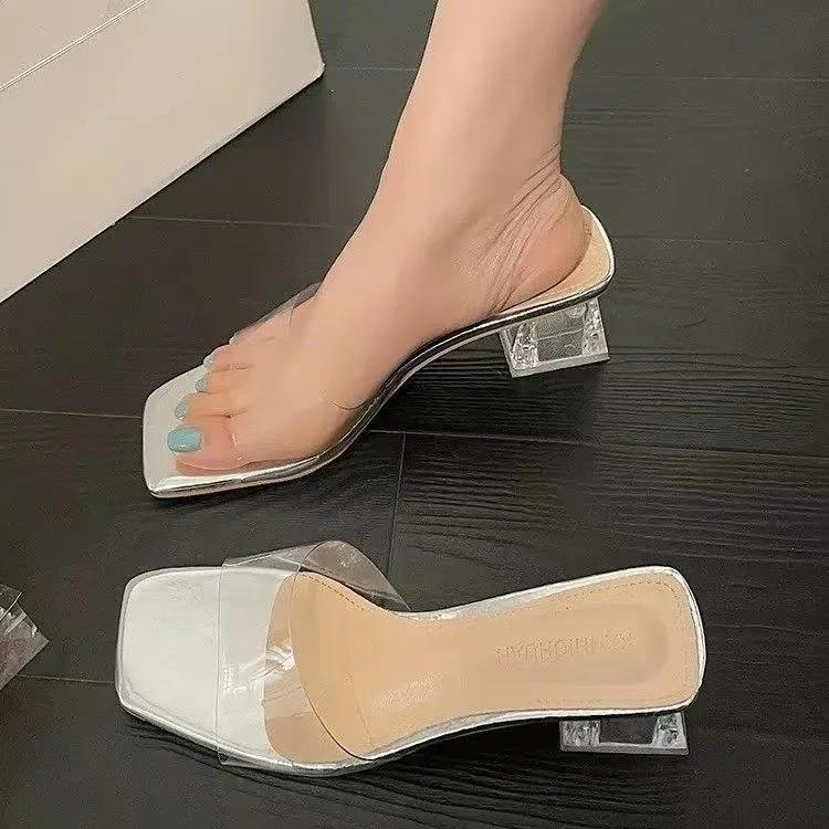 Women's Crystal Slippers Mid-heel All-matching New Summer Fashion Cool Mule Slides Sandals Transparent Jelly Square Toe Shoes