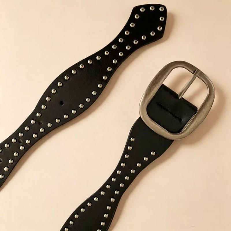 Retro Western Suede Belt With Rivet Detailing Wide 3.8cm Punk Style Waistband Women Alloy Pin Buckle Vintage Distressed