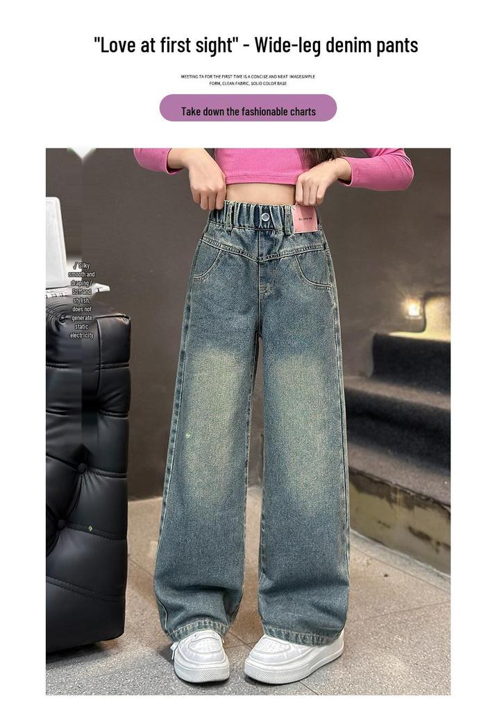 2025 Mädchen High-Waist Weitbeinige Jeans mit Sternen-Aufnähern - Frühling/Herbst Stil für ältere Kinder