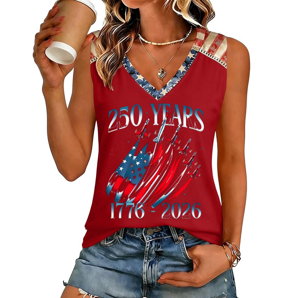Womens V Neck Casual Short Sleeve Top with 250 Years 1776 2026 Letter Print Loose Fit Lightweight T Shirt for Summer Daily Wear