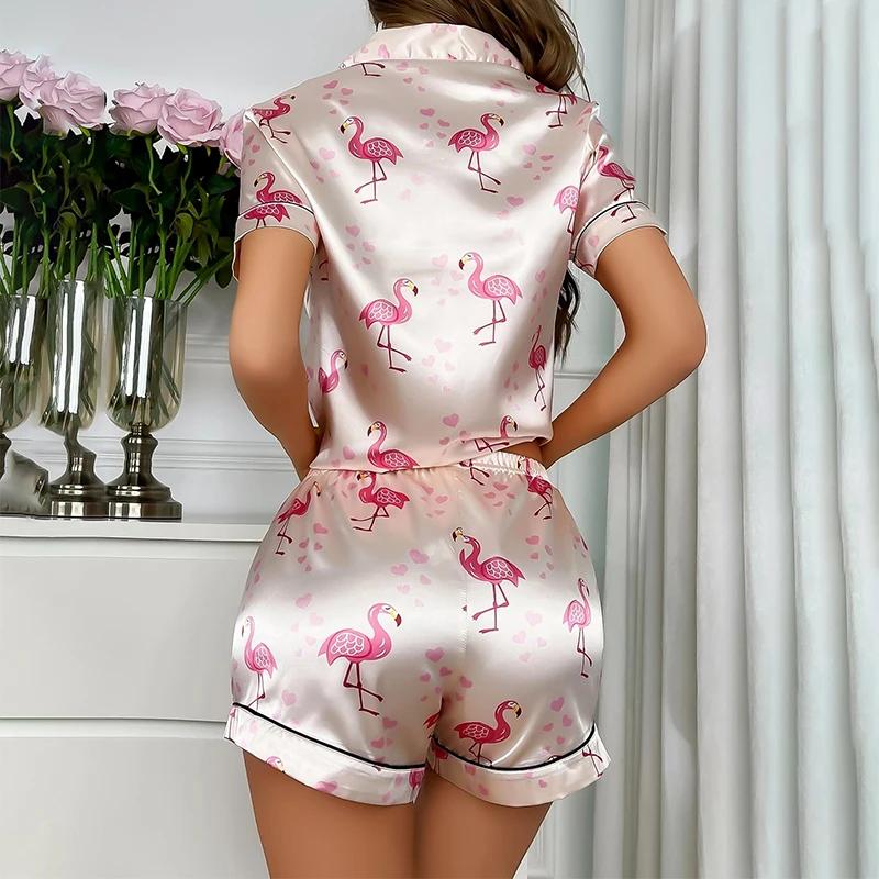 Two-Piece Set Women Summer Pajamas Female Sweet and Lovely Cardigan Lapel Short-Sleeved Homewear Girl Sweet Cute Sleepwear