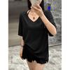 Lazy boyfriend style loose deep V-neck half-sleeved T-shirt women's summer casual medium and long large version versatile solid color top tide