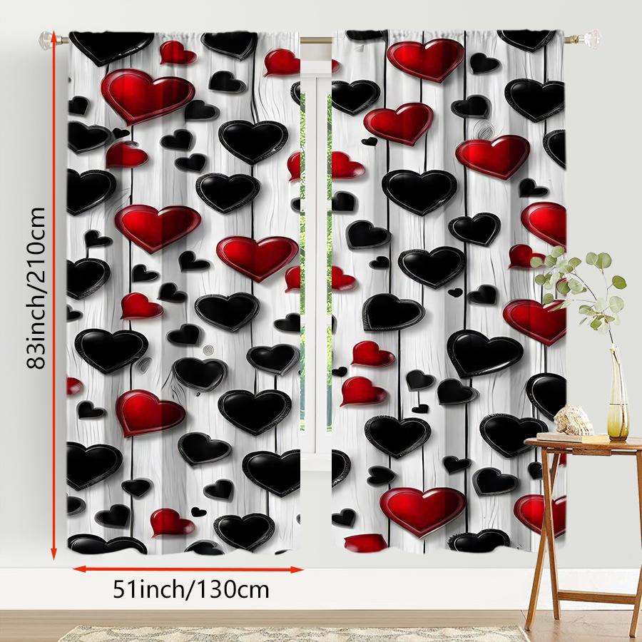 2PCS Red   White   Black Heart-shaped Wood Grain Curtains   Classic Style   Bedroom and Living Room   Pull Rod Pocket Style