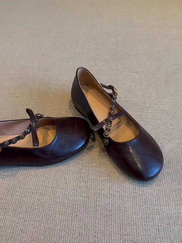 [Ushilai] French retro shallow mouth one-word buckle single shoes women's 2025 spring new bow Mary Jane shoes