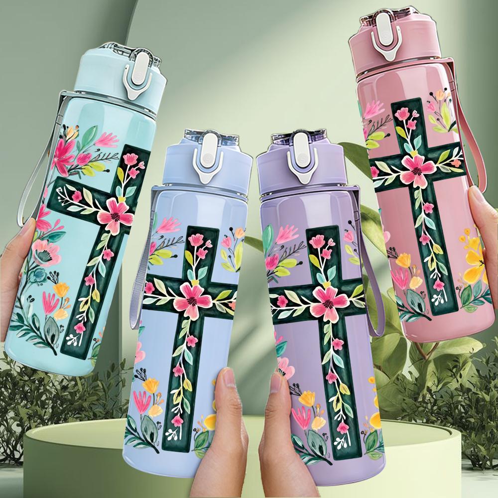 1PC Floral Christian Cross 750ml Color Plastic Sports Water Bottle Leakproof Flip Straw Lid Suitable for Sports Office Home Use