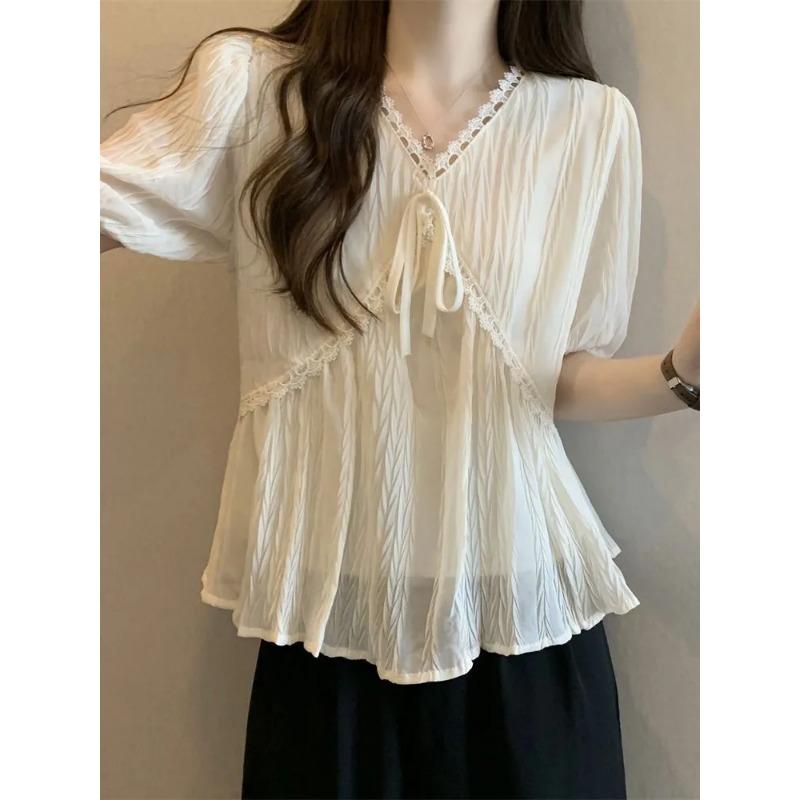 Women s Cream Lace Trim V-Neck Tie Front Puff Short Sleeve Blouse L