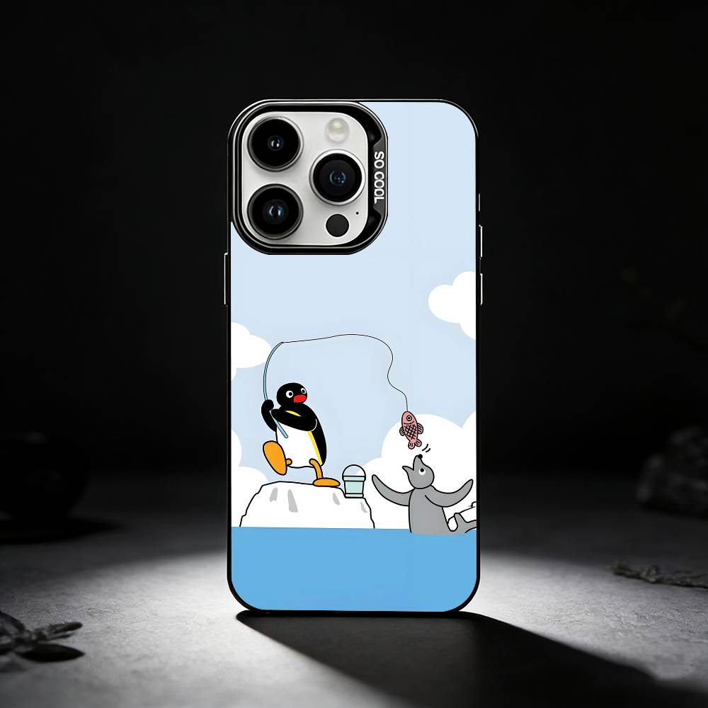 Cute Art Pingu Penguin Phone Case For iPhone 17,16,15,14,13,12,11 Plus,Pro Max,XS,Colored Silver Phone Case