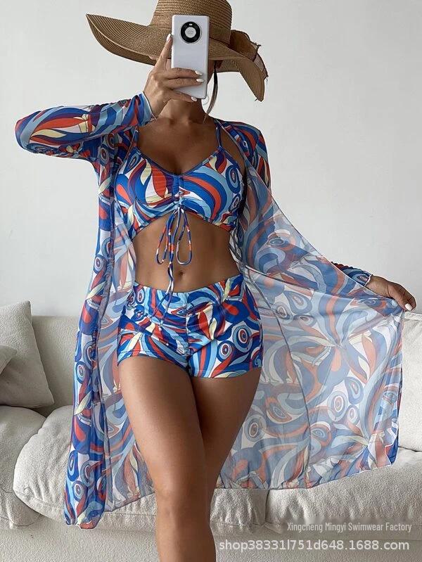 Mingyi European Mesh Blouse & Sexy Leg-Length Pants Three-Piece Swimsuit