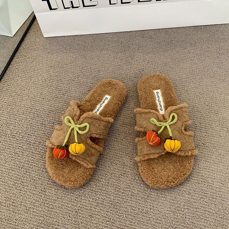 2025 autumn and winter open-toed double one-word with metal buckle Mao Mao shoes flat-soled fashionable versatile soft-soled women's casual slippers