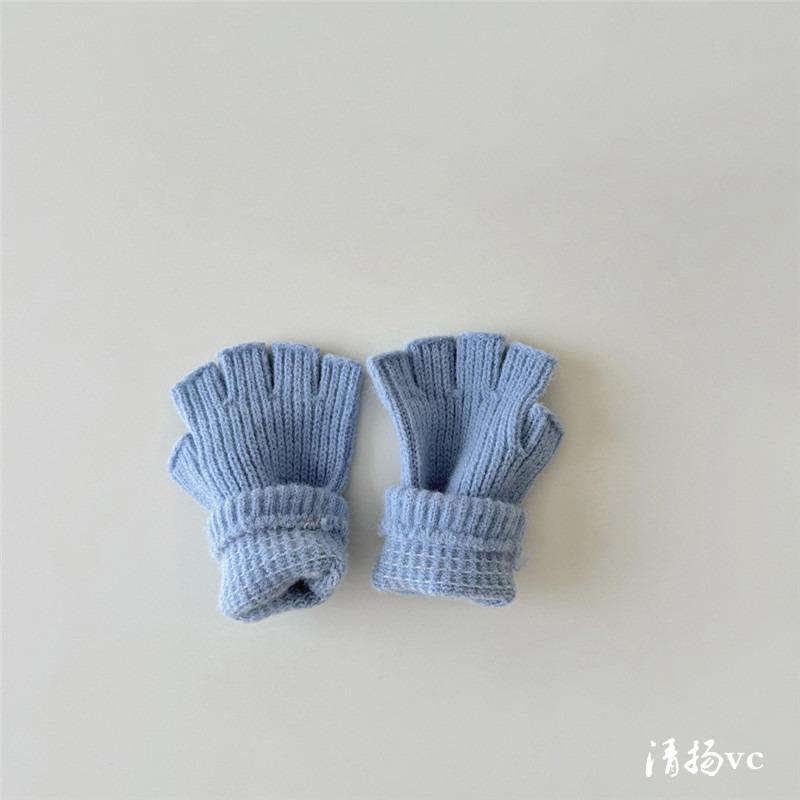 -Year-old children's gloves winter warm dew finger gloves wool five fingers students solid color half fingers