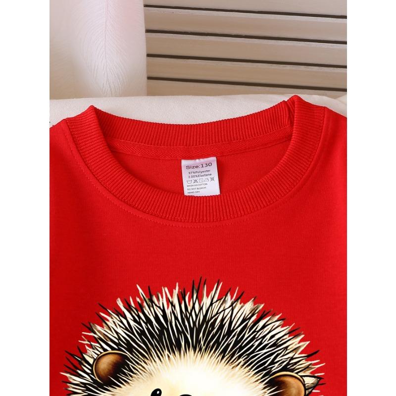 European Sizes Kids Sweatshirts, Girls' Autumn Winter Cute Hedgehog Cartoon Print Long Sleeve Round Neck Sweatshirt, Casual Daily Wear.