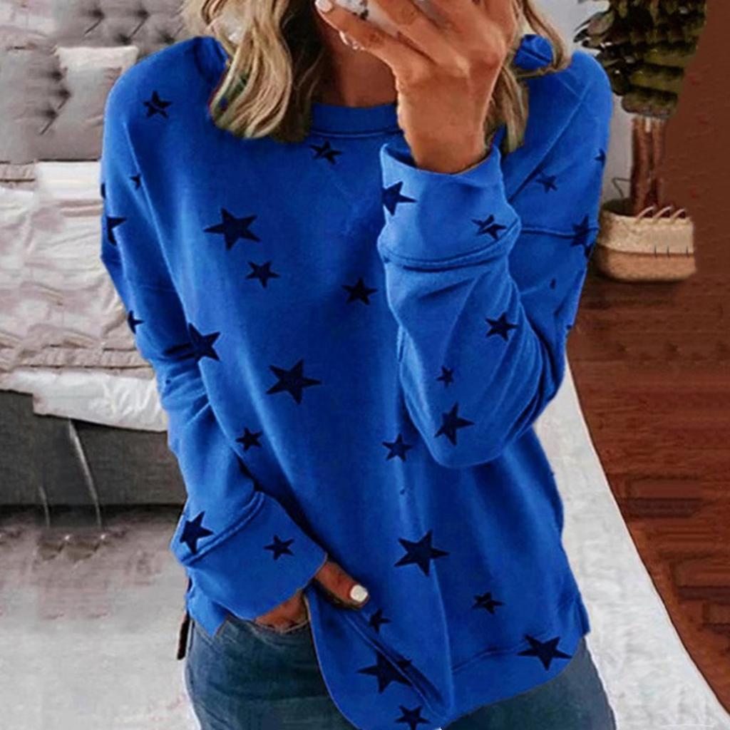 Women Round Neck Long Sleeve Star Print Side Split Pullover Sweatshirt