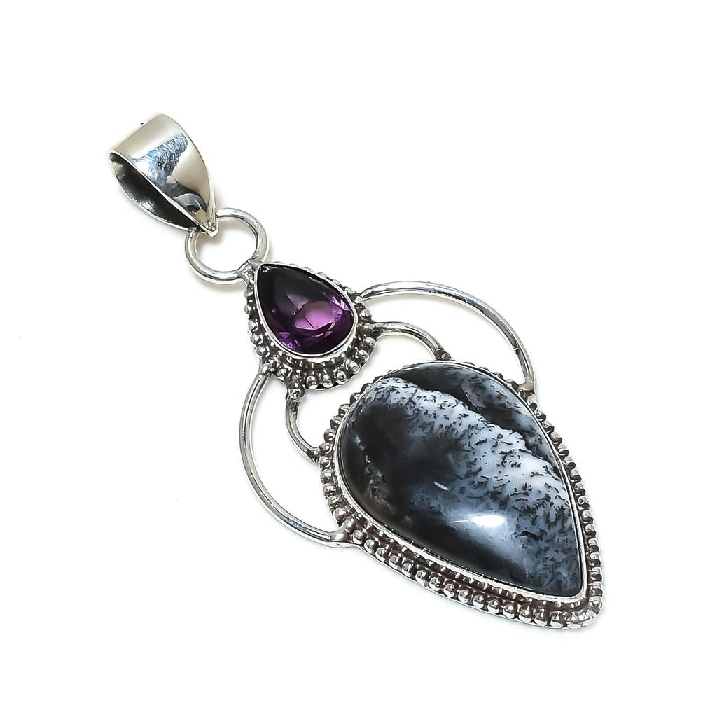 Natural Dendrite Opal Gemstone Silver Pendant In 925 Sterling Silver- Handmade Design, Everyday Wear Jewelry, Unique Amethyst Pendant Gift