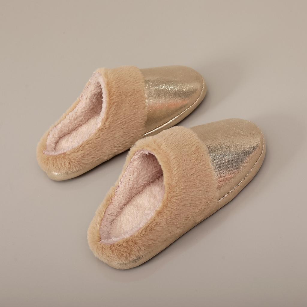 Imitation Fur Shiny Leather Cotton Slippers for Men and Women In Autumn and Winter, Anti Slip, Warm and Thick Fur Confinement Shoes, Bedroom Slippers