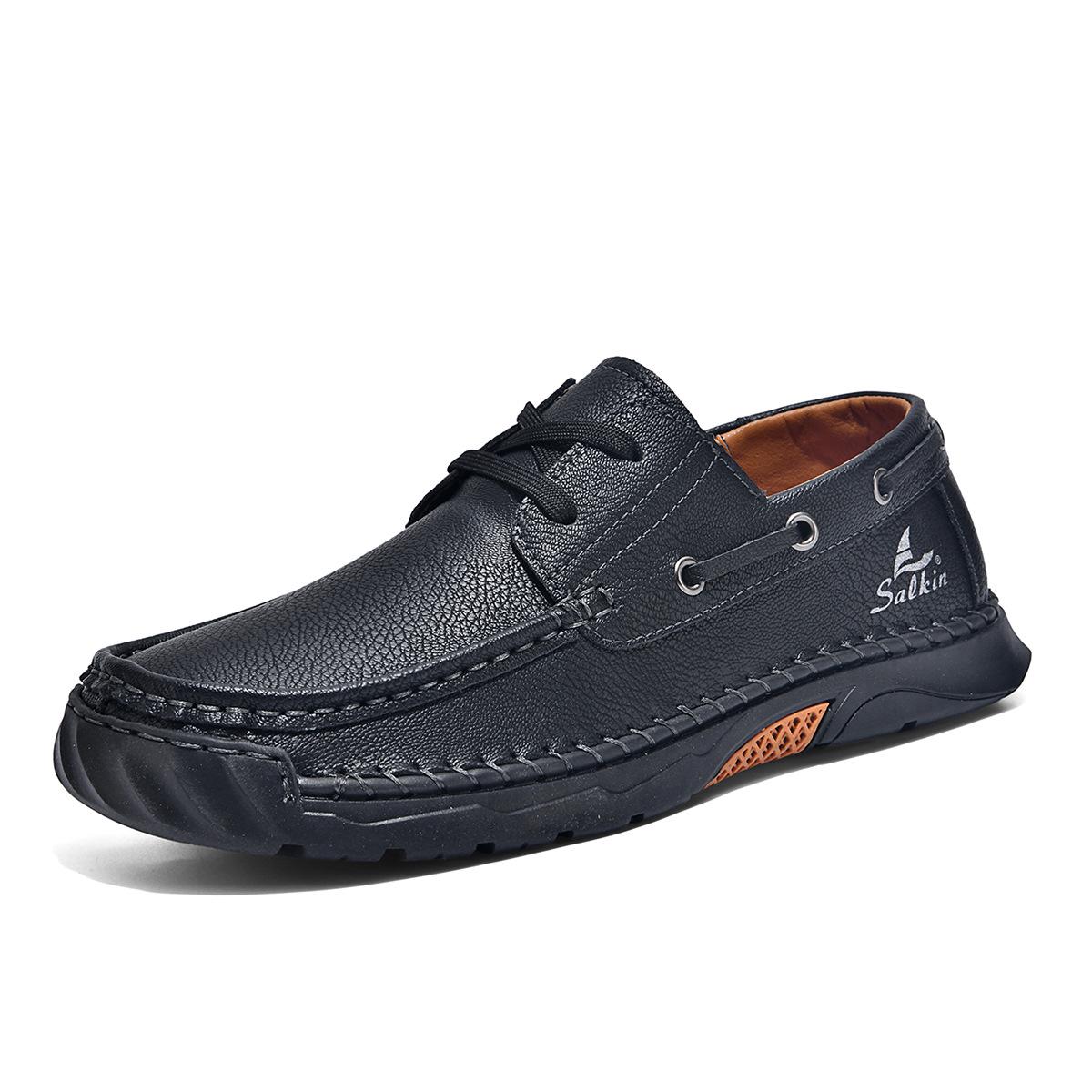 Men s Spring Casual Leather Loafers - Large Size, Breathable, Hand-Stitched, Lace-Up 42