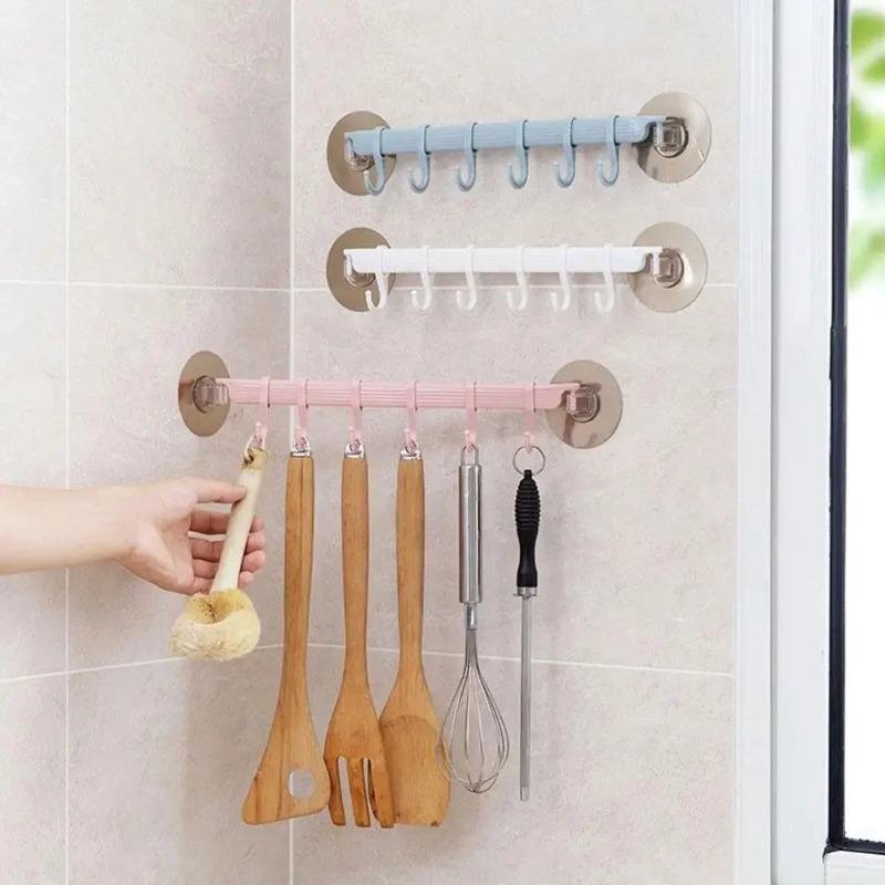 1pc White Suction Cup Type Hook 6 Rows for Kitchen Bathroom Corner Suspension Without Marks Hanger Hook