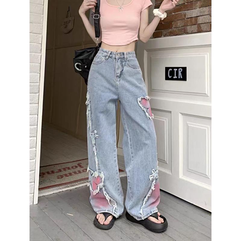 Women's Plus Size Frayed Retro Patchwork Butterfly Embroidery Washed Denim Wide-Leg Pants