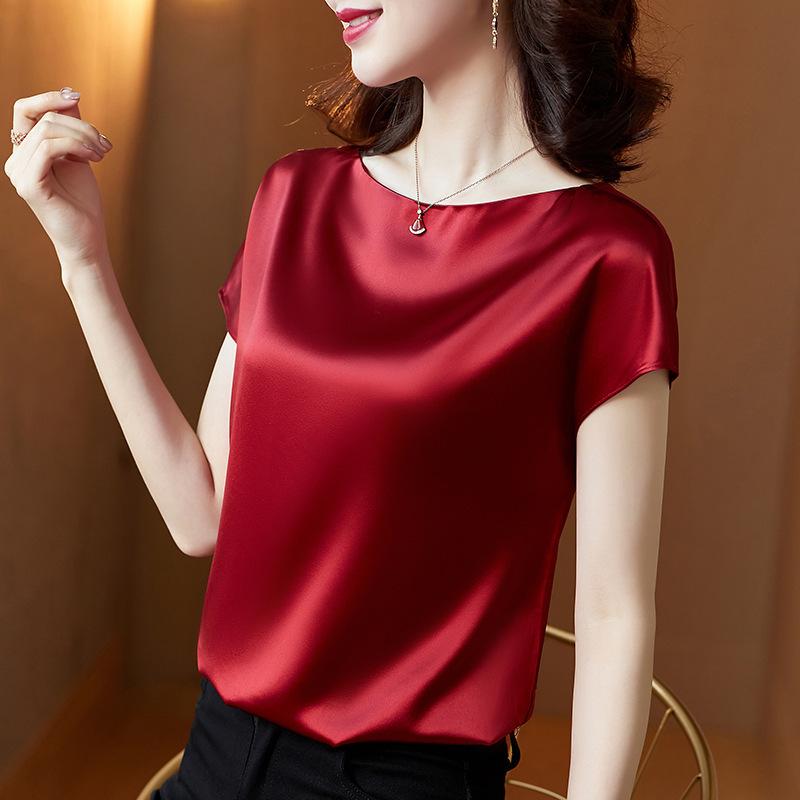 Women's Silk Round Neck Short-Sleeve Loose-Fit T-Shirt