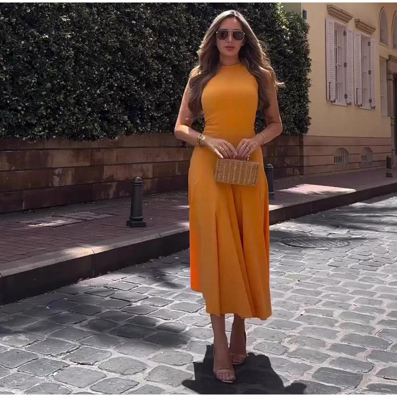 

Узкое плиссированное длинное платье на молнии для женщин, элегантное платье без рукавов с О-образным вырезом и высокой талией, А-силуэт, женское модное вечернее платье XS жёлтый