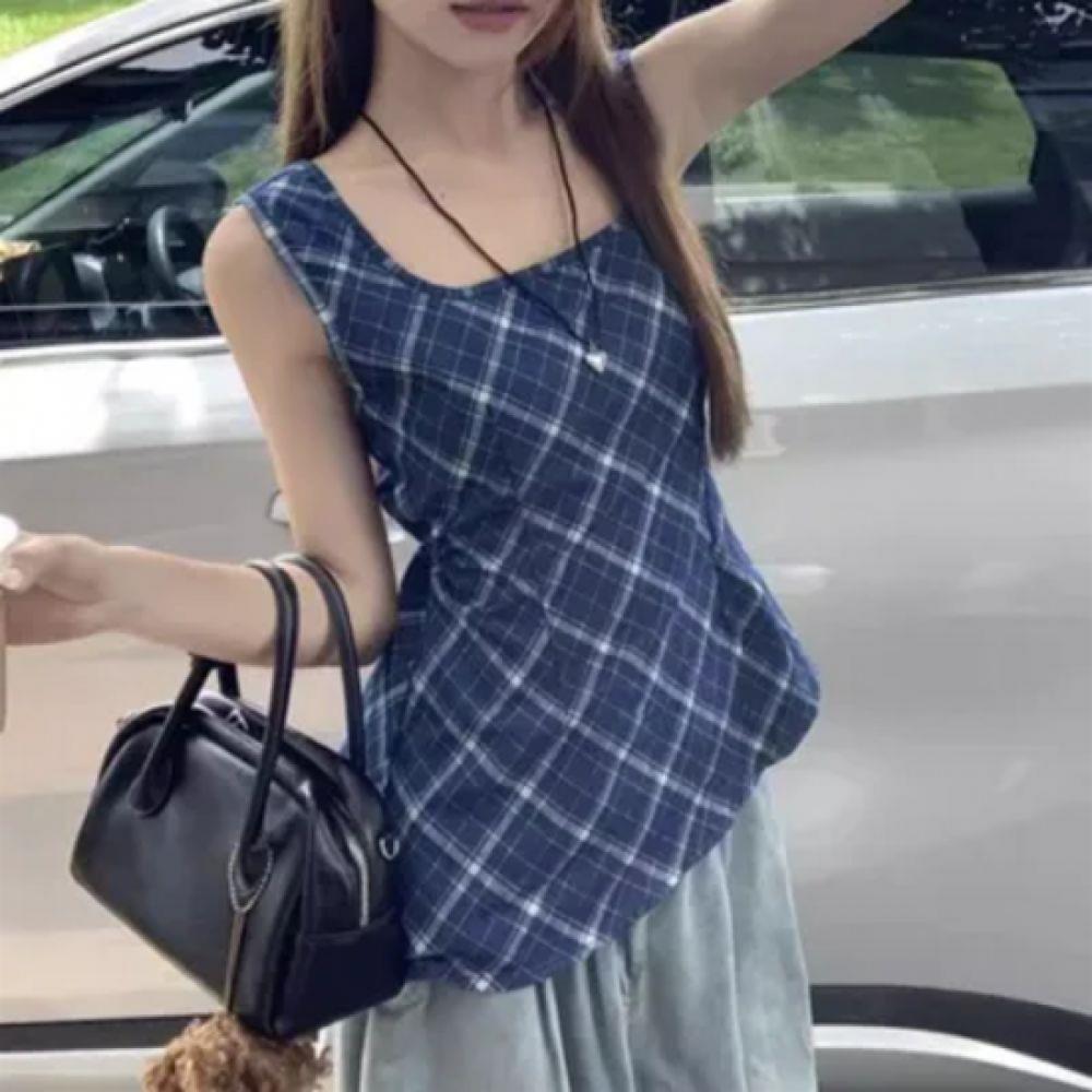 New ArrivalS Open Run Women S Check Pattern aSymmetrical SleeveleSS blouSe Back